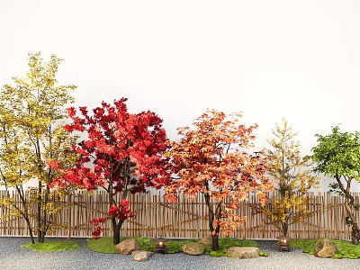 Garden Landscape Featuring Colorful Trees Bamboo Fence Gravel Stones And Lanterns 3d model