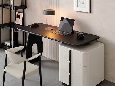 Modern Home Office Desk With Laptop Table Lamp Camera Chair And Drawer Cabinet 3d model