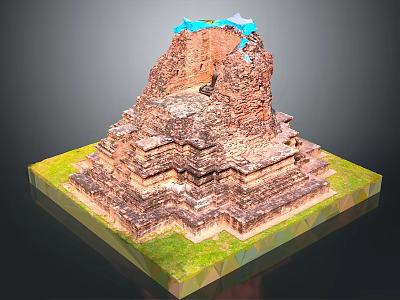 Ancient Architectural Structure with Multiple Tiered Stone Steps and Blue Elements on Green Grass Base 3d model