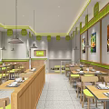 Modern Restaurant Interior With Neat Tables Chairs Hanging Lights And Food Displays On Walls