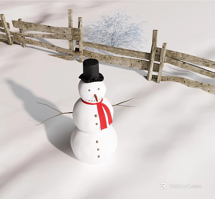 Snowman With Black Hat And Red Scarf In Snowy Yard With Wooden Fence 3d model 