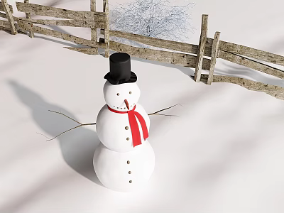 Snowman With Black Hat And Red Scarf In Snowy Yard With Wooden Fence 3d model