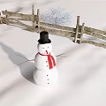 Snowman With Black Hat And Red Scarf In Snowy Yard With Wooden Fence