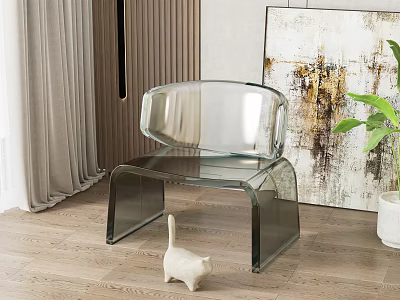 Clear Acrylic Leisure Chair in Modern Living Space with Wooden Floor and Abstract Art 3d model