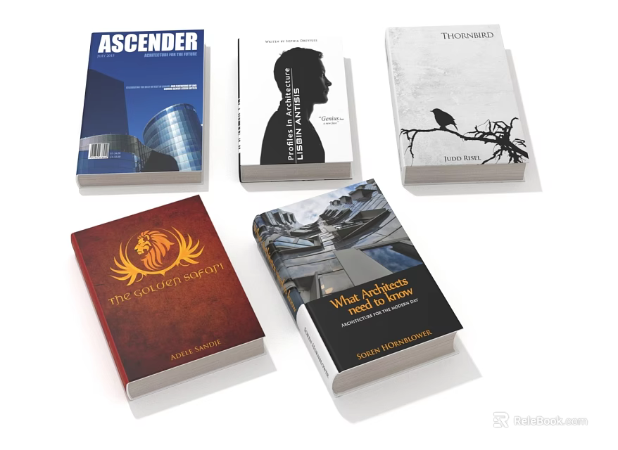 Various Book Covers With Different Design Elements Including Architecture Silhouette Bird And Lion 3d model 