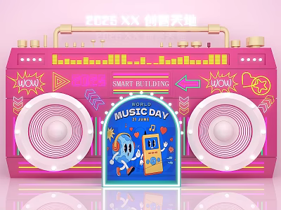 Pink Vintage Boombox Photo Check In Spot With Music Day Neon Sign And Cartoon Decorations 3d model