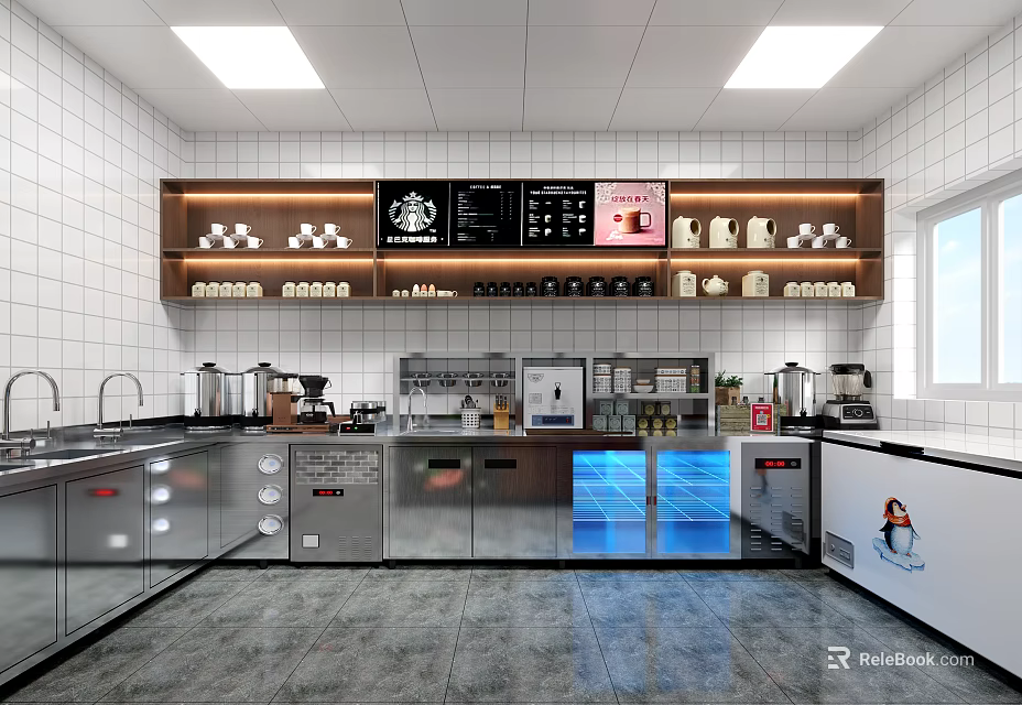 Modern Bubble Tea Shop Interior With Stainless Steel Workstations Cup Racks And Digital Menu Screens 3d model 