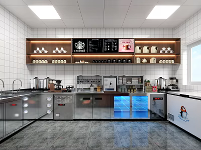 Modern Bubble Tea Shop Interior With Stainless Steel Workstations Cup Racks And Digital Menu Screens 3d model