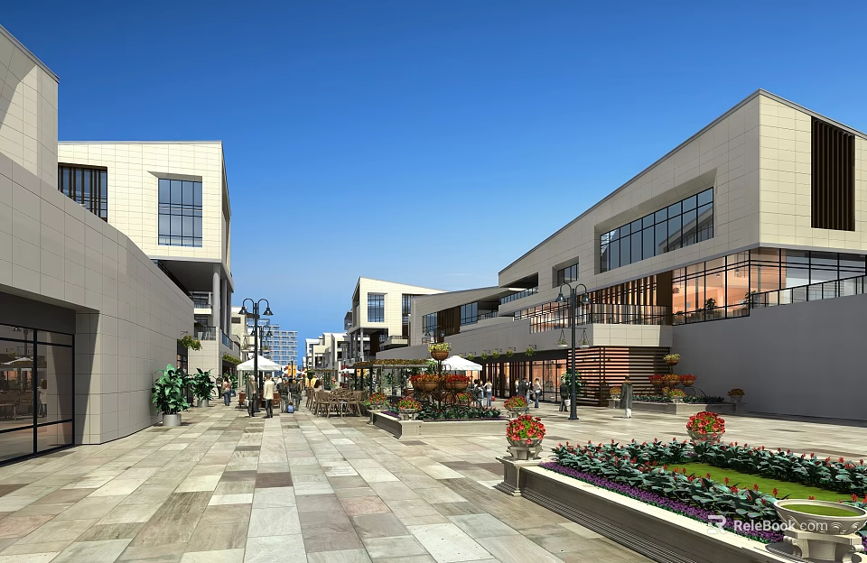 Modern Commercial Street With Stylish Buildings Stone-Paved Walkway Green Plants And Pedestrians 3d model 