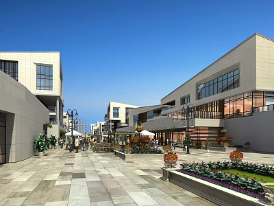 Modern Commercial Street With Stylish Buildings Stone-Paved Walkway Green Plants And Pedestrians 3d model