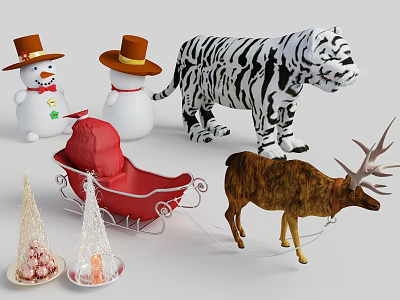 Festive Decorative Ornament Set With Snowmen Sleigh Tiger And Reindeer Figurines 3d model