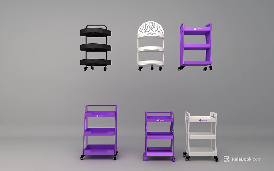 Multi Layer Mobile Shelving Carts In Black White Purple With Wheels For Storage Utility 3d model 