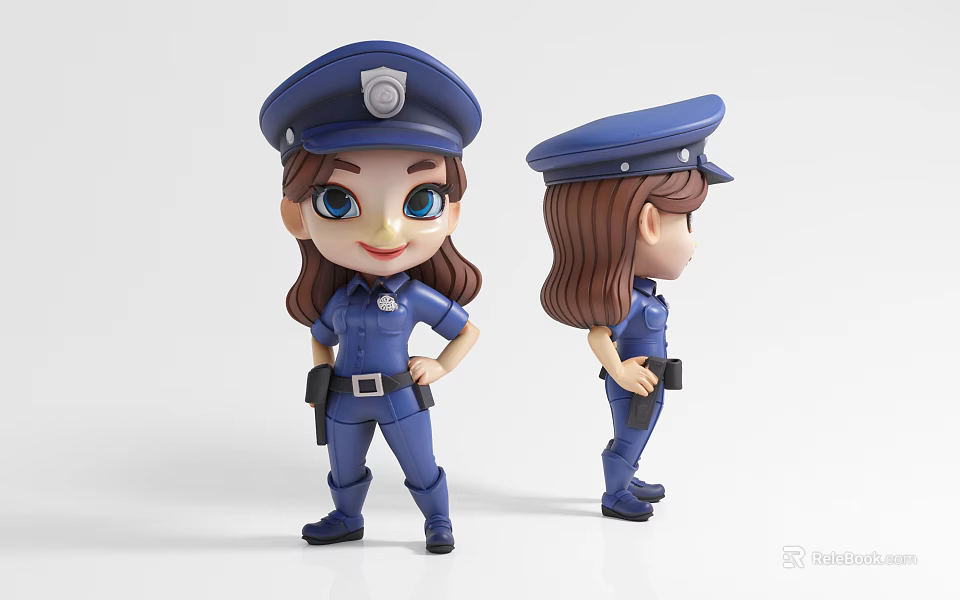 Game Movie Police Officer Character Female Figurine With Blue Uniform Front And Back View Design 3d model 