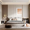 Modern Elegant Bedroom Interior With Circular Ring Pendant Lights Striped Accent Wall And White Cabinets