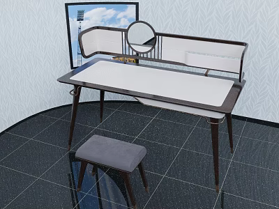 Modern Dressing Table Interior Design With White Countertop Mirror And Gray Stool 3d model