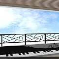 Modern Black Metal Balcony Railing With Geometric Patterns Beside Piano And Blue Sky