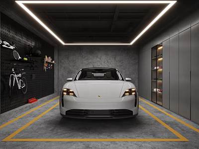 Modern Parking Garage Interior With White Sports Car Yellow Parking Lines And Bicycles On Wall 3d model
