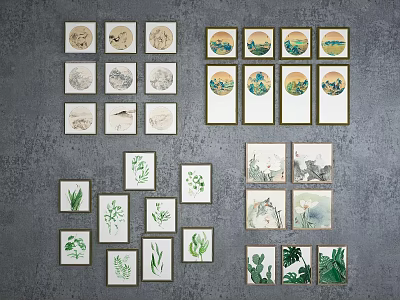 Various Framed Decorative Wall Art With Animal And Plant Designs On Gray Background 3d model