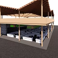 Outdoor Wooden Platform Structure With Open Roof And Square Planter Troughs Underneath