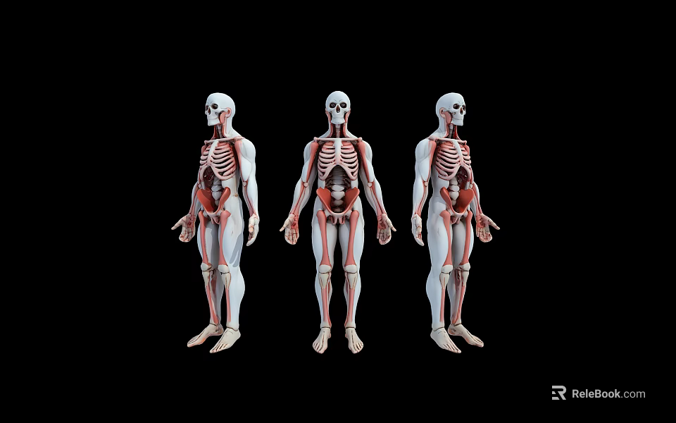 Three Human Anatomy Models Displaying Skeleton Structure And Internal Organs Against Black Background 3d model