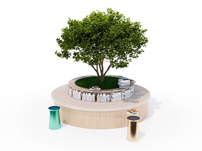 Tree Pit Design With Green Tree Circular Seating And Waste Bins 3d model