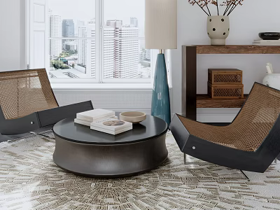 Modern Rattan Leisure Chair With Round Coffee Table And Window View Living Room Interior 3d model