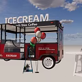 Red Ice Cream Truck With Service Window Awning Balloons And Outdoor Tables Chairs