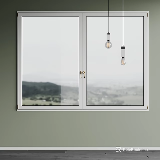 White Double Doors Window With Mountain View And Hanging Bulb Pendant Lights 3d model 