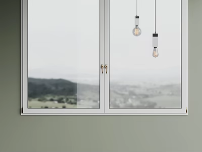 White Double Doors Window With Mountain View And Hanging Bulb Pendant Lights 3d model