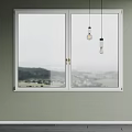 White Double Doors Window With Mountain View And Hanging Bulb Pendant Lights 3d model