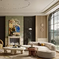 Elegant Modern Living Room Interior With Sofa Fireplace Artwork And Chandelier