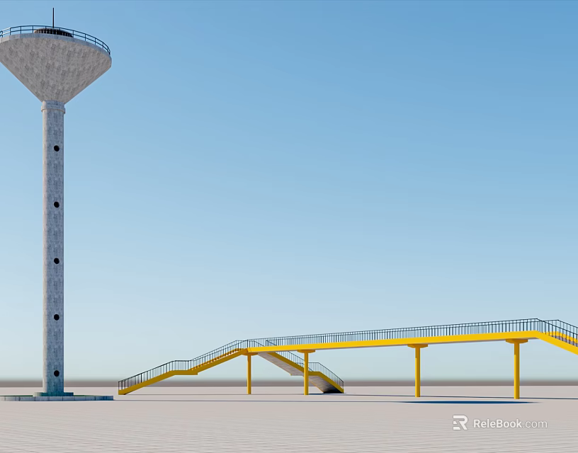 Scenic Yellow Bridge With Water Tower Against Clear Blue Sky On Sandy Ground 3d model 