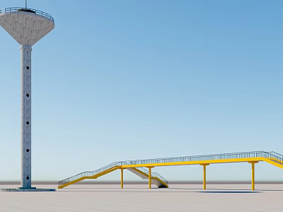 Scenic Yellow Bridge With Water Tower Against Clear Blue Sky On Sandy Ground 3d model