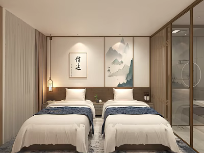 Hotel Guest Room with Twin Beds Chinese Landscape Painting Calligraphy Wooden Cabinets Glass Bathroom Serene Interior 3d model