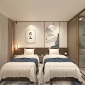 Hotel Guest Room with Twin Beds Chinese Landscape Painting Calligraphy Wooden Cabinets Glass Bathroom Serene Interior