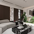 Modern Open Living Dining Room With Gray L Sofa Black Marble Coffee Table Green Plants