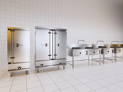 Modern Commercial Kitchen Appliances With Stainless Steel Storage Cabinets And Sink Stations 3d model