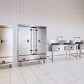 Modern Commercial Kitchen Appliances With Stainless Steel Storage Cabinets And Sink Stations