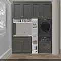 Stylish Laundry Room With Gray Cabinets Washer Dryer Sink Open Shelves And Wooden Floor