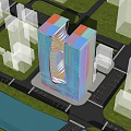 Modern High Rise Office Building With Unique Curved Glass Facade And Urban Skyline