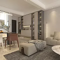 Modern Living and Dining Room Interior With Sofa Coffee Table Chandelier And Artwork