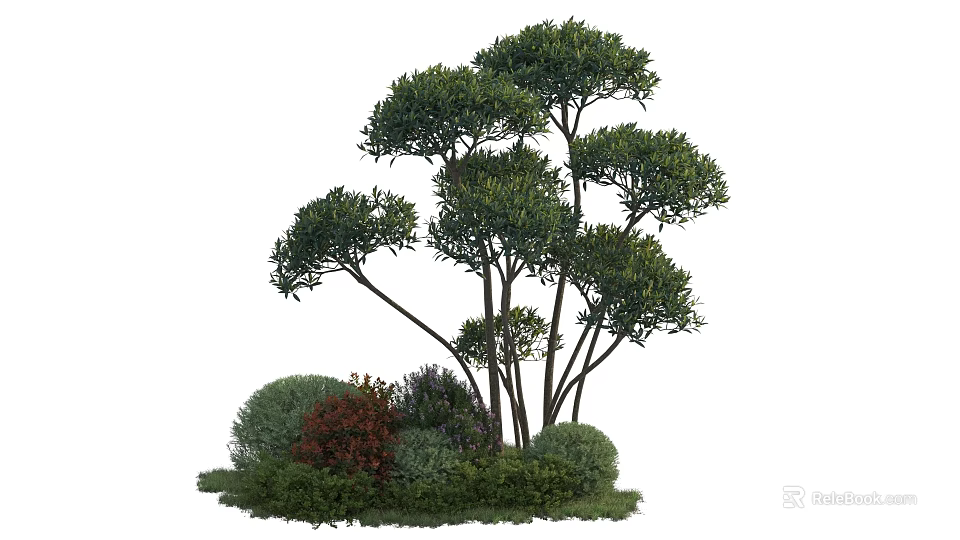 Small Bush Cluster With Slender Trunks And Various Colored Leaves In Green Red Purple 3d model 