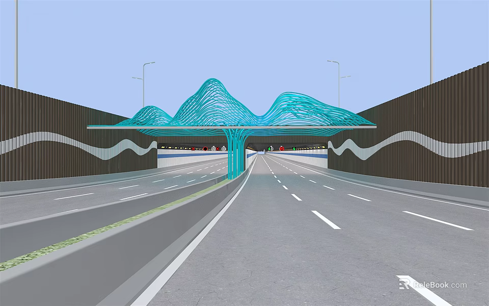 Modern Road Infrastructure with Blue Mountain Shaped Canopy Street Lamps and Wavy Patterned Walls 3d model 