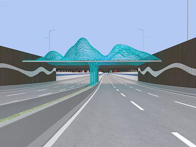 Modern Road Infrastructure with Blue Mountain Shaped Canopy Street Lamps and Wavy Patterned Walls 3d model
