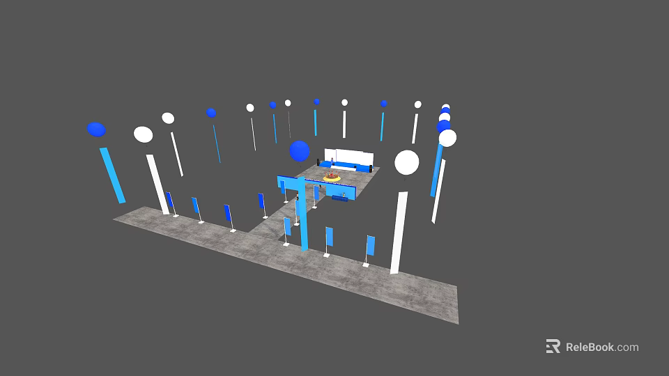Exhibition Booth Display Setup With Blue White Pillars And Gray Floor Area 3d model