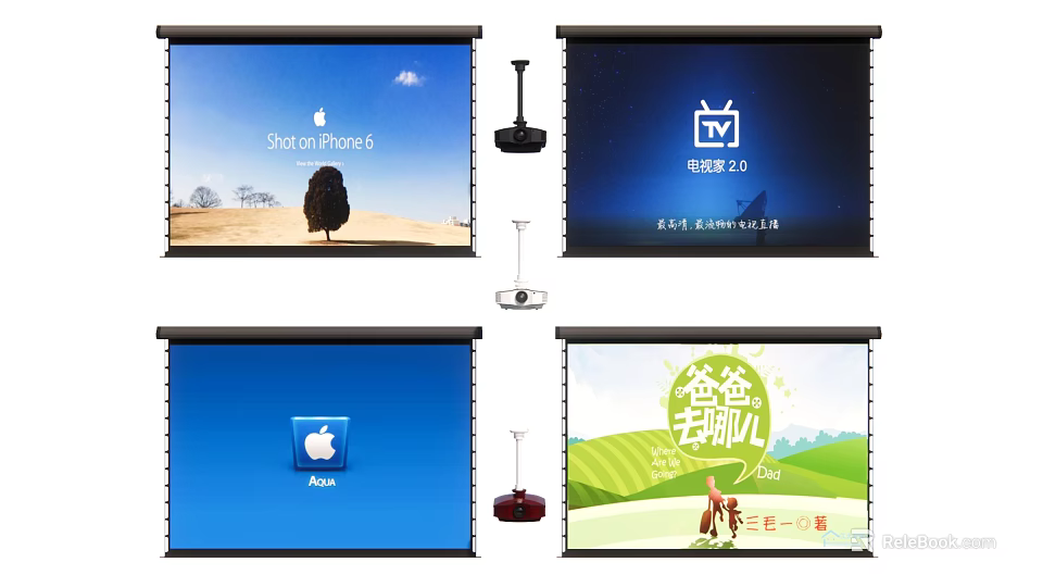 Projection Monitoring Setup With Four Screens And Projector Devices Displaying Various Content 3d model 