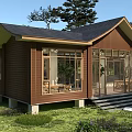 Traditional Wooden Ancient Building With Sloped Roof Large Windows And Greenery Surroundings