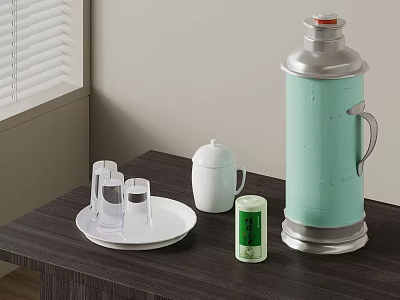 Light Blue Thermos Flask With Glass Cups On Wooden Table Near Window Blinds 3d model