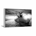 Black And White Figure Painting With Antler Headdress Flowing Dress Dynamic Pose And Open Landscape