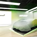Futuristic Interior Space With Green Lighting Geometric Patterns And White Furniture